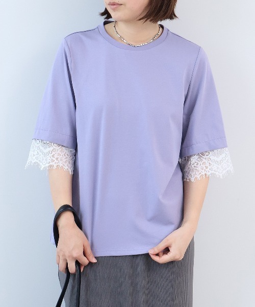 leswel（レスウェル）の「【M～5L】シルケット天竺レーススリーブカットソー（Tシャツ/カットソー・レディース・ネイビー/カーキ/パープル・LL/M/L/5L/4L/3L）」の3枚目の写真