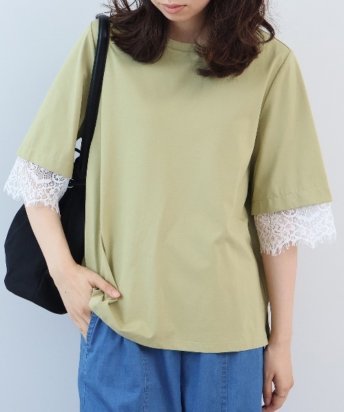 leswel（レスウェル）の「【M～5L】シルケット天竺レーススリーブカットソー（Tシャツ/カットソー・レディース・ネイビー/カーキ/パープル・LL/M/L/5L/4L/3L）」の2枚目の写真