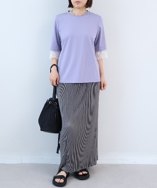 leswel（レスウェル）の「【M～5L】シルケット天竺レーススリーブカットソー（Tシャツ/カットソー・レディース・ネイビー/カーキ/パープル・LL/M/L/5L/4L/3L）」の6枚目の写真
