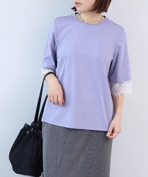 leswel（レスウェル）の「【M～5L】シルケット天竺レーススリーブカットソー（Tシャツ/カットソー・レディース・ネイビー/カーキ/パープル・LL/M/L/5L/4L/3L）」の7枚目の写真