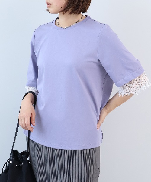 leswel（レスウェル）の「【M～5L】シルケット天竺レーススリーブカットソー（Tシャツ/カットソー・レディース・ネイビー/カーキ/パープル・LL/M/L/5L/4L/3L）」の8枚目の写真