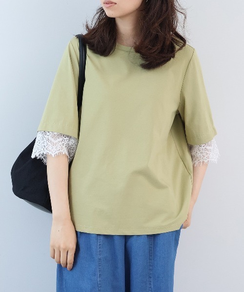leswel（レスウェル）の「【M～5L】シルケット天竺レーススリーブカットソー（Tシャツ/カットソー・レディース・ネイビー/カーキ/パープル・LL/M/L/5L/4L/3L）」の4枚目の写真