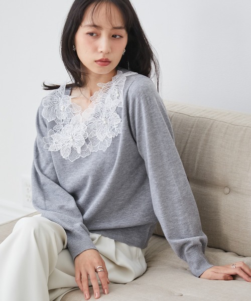 RANAN(ラナン)の「デコルテレースフリルニット(ニット/セーター・レディース・グレー/ブラック・M/LL/L)」の12枚目の写真