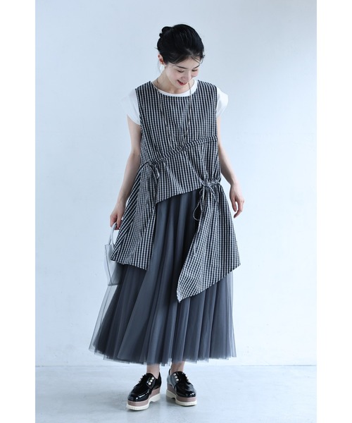 cawaii（カワイイ）の「シャーリングデザインのチェック柄変形チュニック（Tシャツ/カットソー・レディース・ブラック・FREE）」の4枚目の写真