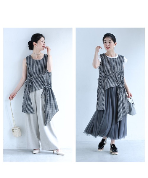 cawaii（カワイイ）の「シャーリングデザインのチェック柄変形チュニック（Tシャツ/カットソー・レディース・ブラック・FREE）」の8枚目の写真