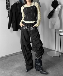 【履くだけで美脚見え!】レタリングムードワイドタックパンツ/2026秋新作 26AW パンツ ボトムス ウエストゴム フルレングス フロントデザイン 刺繍 2カラー ブラック カーキ 海外ガール ストリート メンズライク ナイロン