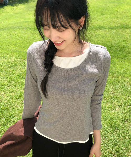 MIND BRIDGE WOMEN（マインドブリッジウーマン）の「[ON][W]レイヤード配色長袖Tシャツ - 2color（Tシャツ/カットソー・レディース・グレー/ネイビー・LARGE/SMALL/MEDIUM）」の3枚目の写真