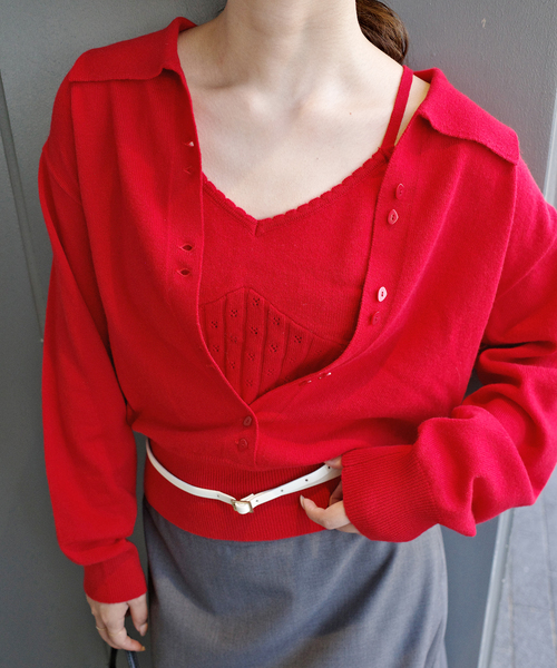 crinkle crinkle crinkle(クリンクルクリンクルクリンクル)の「crinkle crinkle crinkle slow off knit top CC-5038(ニット/セーター・レディース・レッド/ライトグレー・FREE)」の2枚目の写真