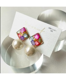 【S.coeuf】【S.coeuf】再販なし!金属アレルギー対応ピアス さざれ石×スクエアと大ぶりコットンパール 2026モデル(MA)
