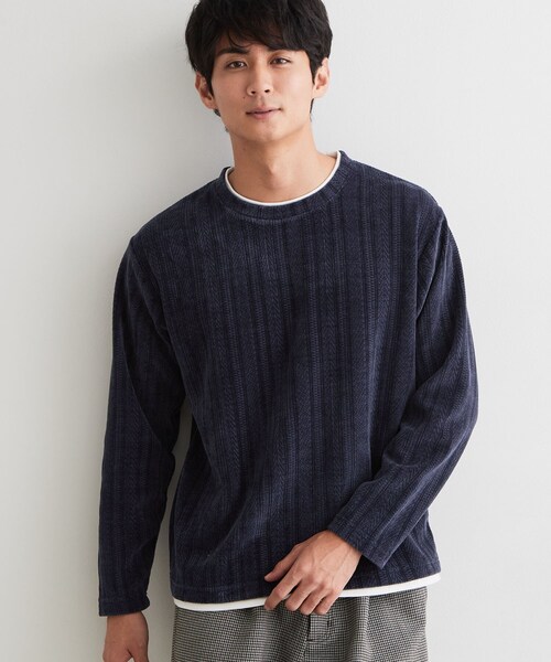 THE SHOP TK (ザ ショップ ティーケー )の「【洗濯機OK】レイヤードモールニットTシャツ(Tシャツ/カットソー・メンズ・グレー/ネイビー/モスグリーン/オフホワイト・02/04/03)」の4枚目の写真