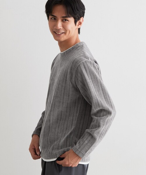 THE SHOP TK (ザ ショップ ティーケー )の「【洗濯機OK】レイヤードモールニットTシャツ(Tシャツ/カットソー・メンズ・グレー/ネイビー/モスグリーン/オフホワイト・02/04/03)」の18枚目の写真