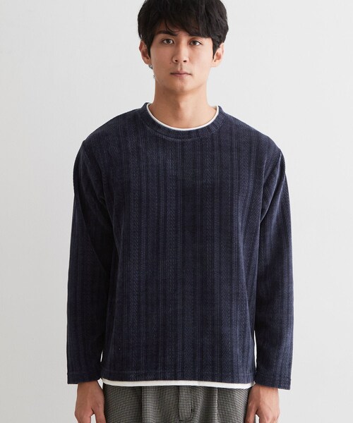 THE SHOP TK (ザ ショップ ティーケー )の「【洗濯機OK】レイヤードモールニットTシャツ(Tシャツ/カットソー・メンズ・グレー/ネイビー/モスグリーン/オフホワイト・02/04/03)」の6枚目の写真