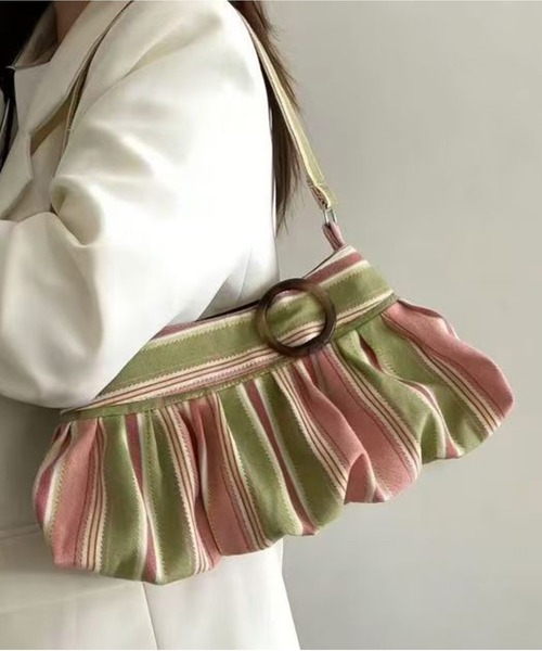 AsheKsha（アシクシャ）の「レトロガーリー ギャザーショルダー ドット柄 ストライプ柄 肩掛けバッグ（ショルダーバッグ・レディース・ブラウン/グリーン/ピンク・M）」の3枚目の写真