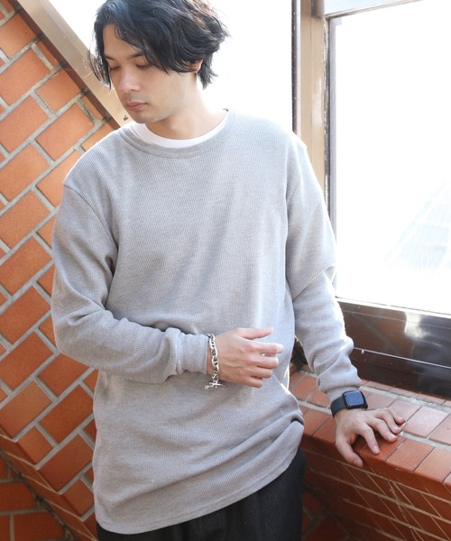 セール】ロング丈長袖ワッフル生地カットソー（Tシャツ