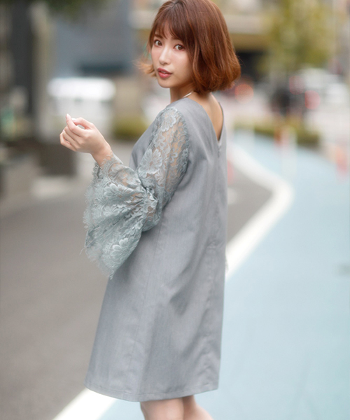 MICOAMERI（ミコアメリ）の「ボリュームレーススリーブバックチェーンワンピ（ワンピース・レディース・ブラック/グレー/ピンク・FREE）」の3枚目の写真