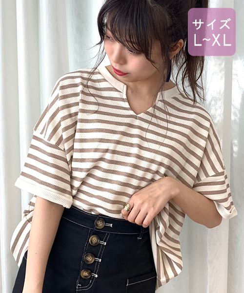 apres jour(アプレジュール)の「【大きいサイズ】ハニカムキーネックT【ZOZOTOWN限定アイテム】(Tシャツ/カットソー・レディース・ブラック/カーキ/オレンジ系その他/ブラウン系その他/スモークピンク/モカ/アイボリー/その他・X-LARGE)」の8枚目の写真