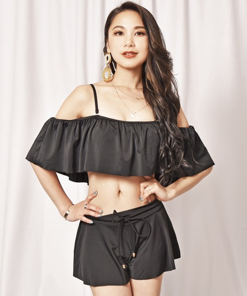 LEAD(リード)の「オフショル×レースアップビキニ3点セット(水着・レディース・ブラック/モカ/パープル系その他・M)」の2枚目の写真