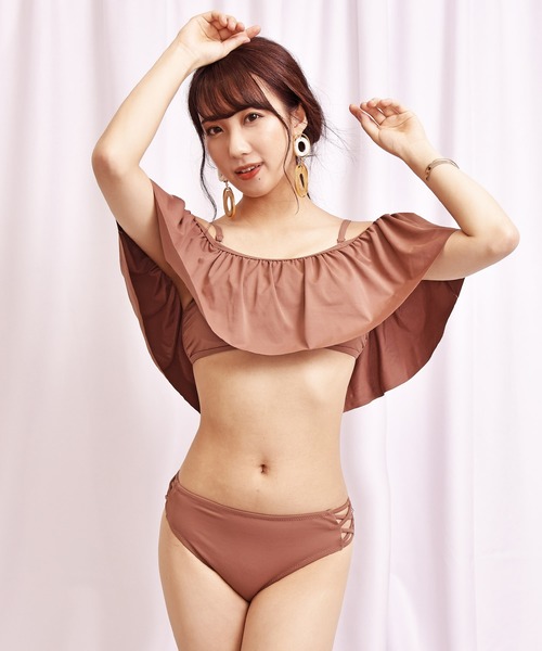 LEAD(リード)の「オフショル×レースアップビキニ3点セット(水着・レディース・ブラック/モカ/パープル系その他・M)」の6枚目の写真