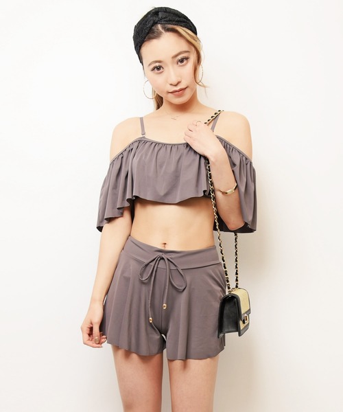 LEAD(リード)の「オフショル×レースアップビキニ3点セット(水着・レディース・ブラック/モカ/パープル系その他・M)」の8枚目の写真