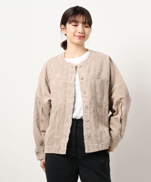 Bab(バブ)の「コーデュロイノ―カラージャケット(ノーカラーコート・レディース・チャコールグレー/ピンク/アイボリー/ベージュ・38)」の1枚目の写真