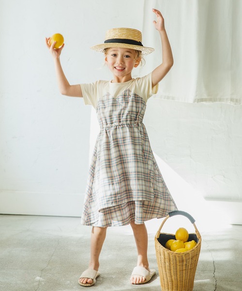 pairmanon（ペアマノン）の「重ね着風 半袖チェックフレア ワンピース（ワンピース・キッズ・ブラック/モカ/アイボリー/グレイッシュベージュ/グレー・90/130/140/120/100/110/150）」の12枚目の写真