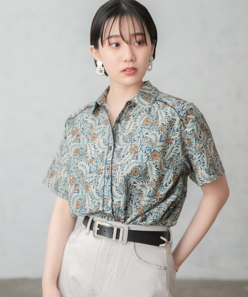 ネイビー ショートスリーブ 半袖シャツ ブラウス PAGEBOY(ページボーイ)の「ネオボヘミアンショートスリーブ