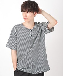 シアサッカーヘンリーネックTシャツ