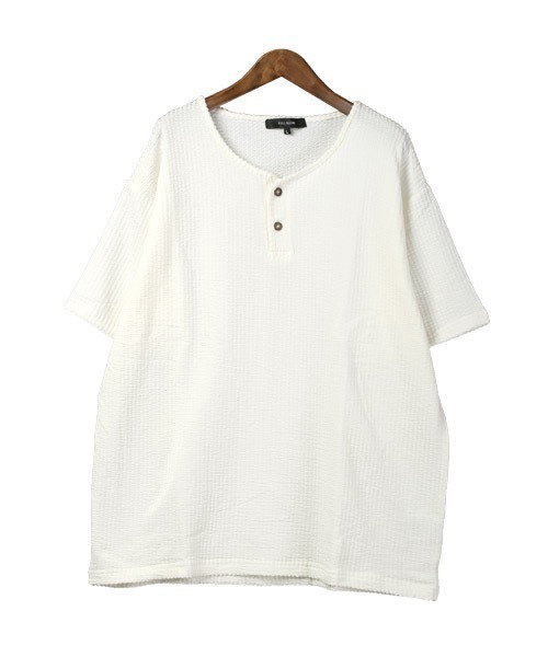 LUXSTYLE(ラグスタイル)の「シアサッカーヘンリーネックTシャツ(Tシャツ/カットソー・メンズ・ストライプ/ブラック/ホワイト/ホワイト×グレー/ネイビー・L/XL/M)」の6枚目の写真