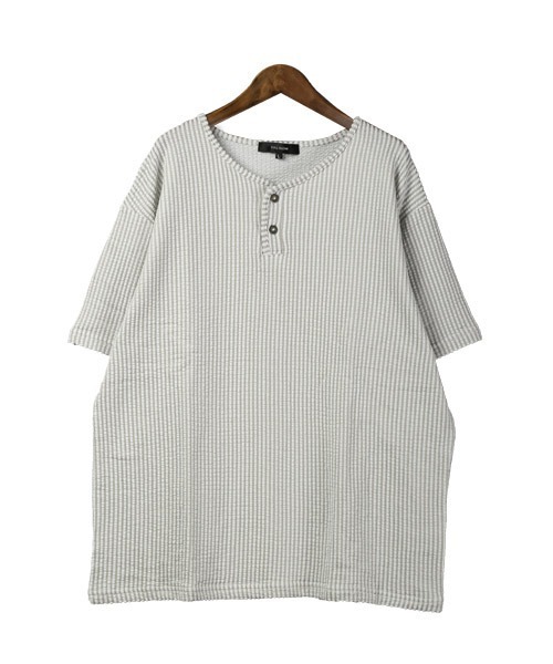 LUXSTYLE(ラグスタイル)の「シアサッカーヘンリーネックTシャツ(Tシャツ/カットソー・メンズ・ストライプ/ブラック/ホワイト/ホワイト×グレー/ネイビー・L/XL/M)」の8枚目の写真