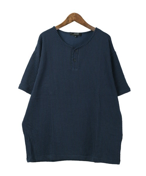 LUXSTYLE(ラグスタイル)の「シアサッカーヘンリーネックTシャツ(Tシャツ/カットソー・メンズ・ストライプ/ブラック/ホワイト/ホワイト×グレー/ネイビー・L/XL/M)」の9枚目の写真