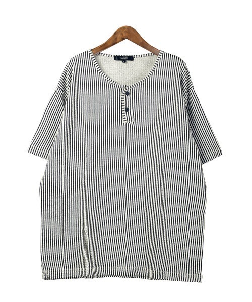LUXSTYLE(ラグスタイル)の「シアサッカーヘンリーネックTシャツ(Tシャツ/カットソー・メンズ・ストライプ/ブラック/ホワイト/ホワイト×グレー/ネイビー・L/XL/M)」の10枚目の写真