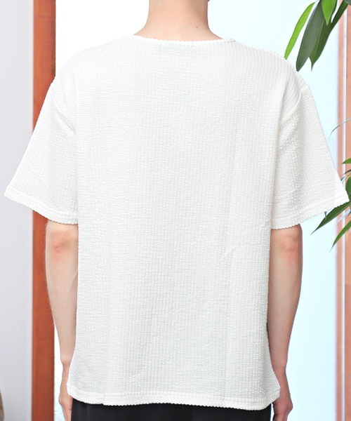 LUXSTYLE(ラグスタイル)の「シアサッカーヘンリーネックTシャツ(Tシャツ/カットソー・メンズ・ストライプ/ブラック/ホワイト/ホワイト×グレー/ネイビー・L/XL/M)」の16枚目の写真