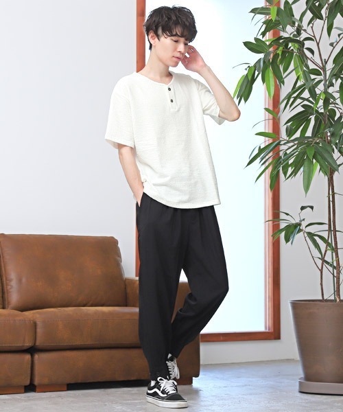 LUXSTYLE(ラグスタイル)の「シアサッカーヘンリーネックTシャツ(Tシャツ/カットソー・メンズ・ストライプ/ブラック/ホワイト/ホワイト×グレー/ネイビー・L/XL/M)」の18枚目の写真