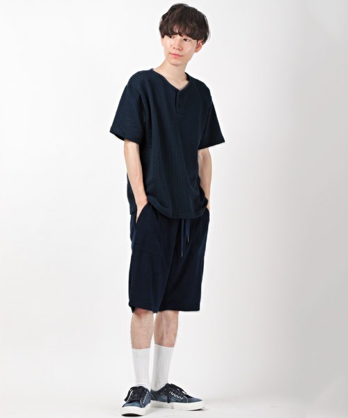 LUXSTYLE(ラグスタイル)の「シアサッカーヘンリーネックTシャツ(Tシャツ/カットソー・メンズ・ストライプ/ブラック/ホワイト/ホワイト×グレー/ネイビー・L/XL/M)」の20枚目の写真