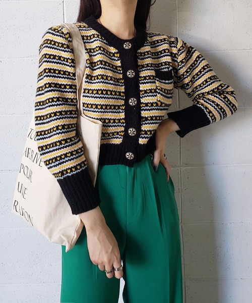me+em select（ミームセレクト）の「ジャガード柄ショートローゲージニットカーデ（カーディガン/ボレロ・レディース・ホワイト/ブラック/キャメル・FREE）」の6枚目の写真