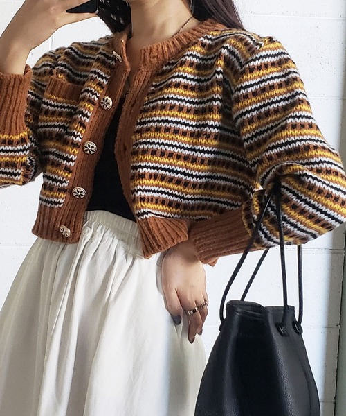 me+em select（ミームセレクト）の「ジャガード柄ショートローゲージニットカーデ（カーディガン/ボレロ・レディース・ホワイト/ブラック/キャメル・FREE）」の8枚目の写真