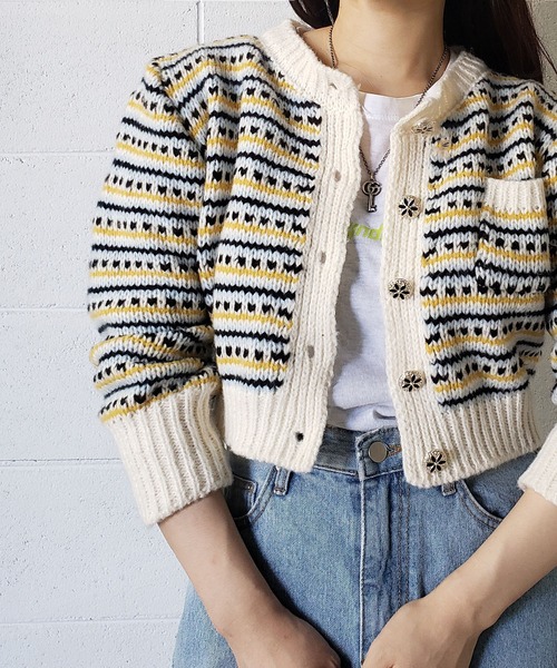 me+em select（ミームセレクト）の「ジャガード柄ショートローゲージニットカーデ（カーディガン/ボレロ・レディース・ホワイト/ブラック/キャメル・FREE）」の7枚目の写真