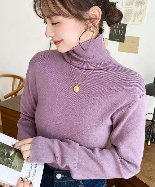 moment+（モーメントプラス）の「【累計販売枚数4万枚突破！】12G インナーハイネックタートルリブニットプルオーバー（ニット/セーター・レディース・ブラック/パープル/ブラウン/カーキ/オレンジ/グリーン/アイボリー/杢グレー/グレイッシュベージュ/チャコールグレー/ブルー/ダークグリーン/ボルドー/グレー系その他/ブラウン系その他/ナチュラル/ピンクベージュ/レッド/ライトブルー/ラベンダー・M/L）」の17枚目の写真