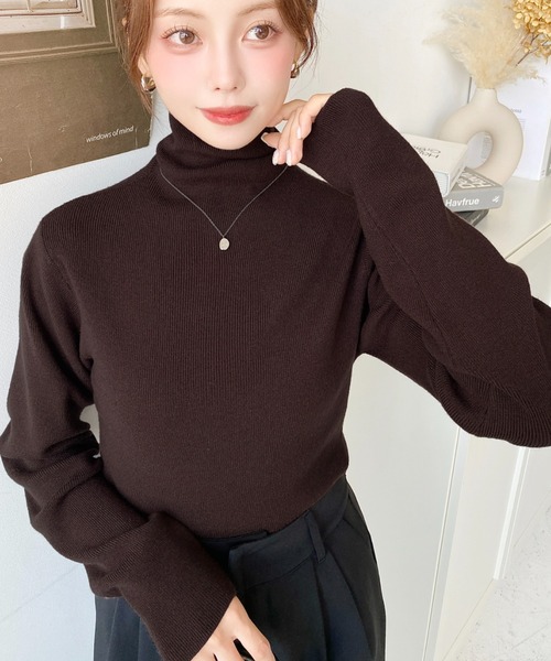 ハイネックニット S-LL/体型カバー】ふわふわMIXハイネックニット（ニット