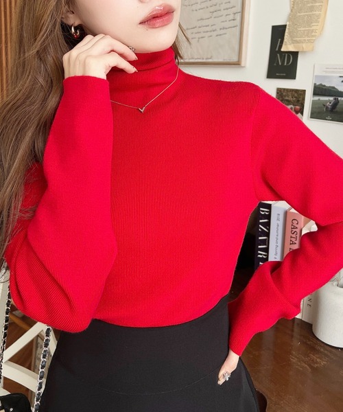 moment+（モーメントプラス）の「【累計販売枚数4万枚突破！】12G インナーハイネックタートルリブニットプルオーバー（ニット/セーター・レディース・ブラック/パープル/ブラウン/カーキ/オレンジ/グリーン/アイボリー/杢グレー/グレイッシュベージュ/チャコールグレー/ブルー/ダークグリーン/ボルドー/グレー系その他/ブラウン系その他/ナチュラル/ピンクベージュ/レッド/ライトブルー/ラベンダー・M/L）」の21枚目の写真