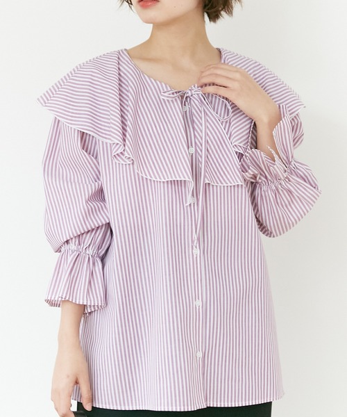INCEDE（インシード）の「キャンディスリーブ フリルブラウス（シャツ/ブラウス・レディース・パープル/ネイビー/グリーン・LL/3L/4L/M/L）」の3枚目の写真