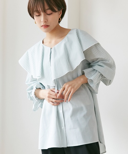 INCEDE（インシード）の「キャンディスリーブ フリルブラウス（シャツ/ブラウス・レディース・パープル/ネイビー/グリーン・LL/3L/4L/M/L）」の10枚目の写真