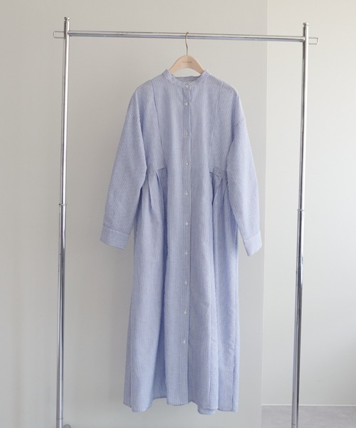 【WEB限定】ウエストタックストライプシャツワンピース