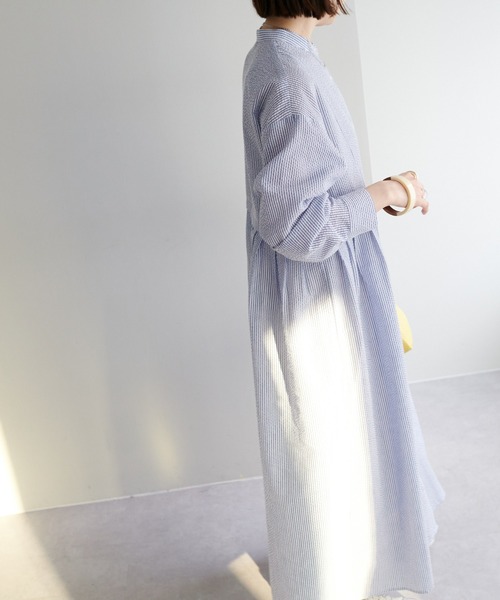【WEB限定】ウエストタックストライプシャツワンピース