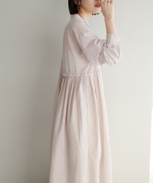 【WEB限定】ウエストタックストライプシャツワンピース
