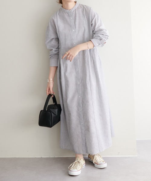 【WEB限定】ウエストタックストライプシャツワンピース