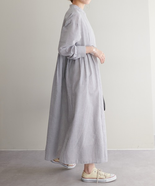 【WEB限定】ウエストタックストライプシャツワンピース