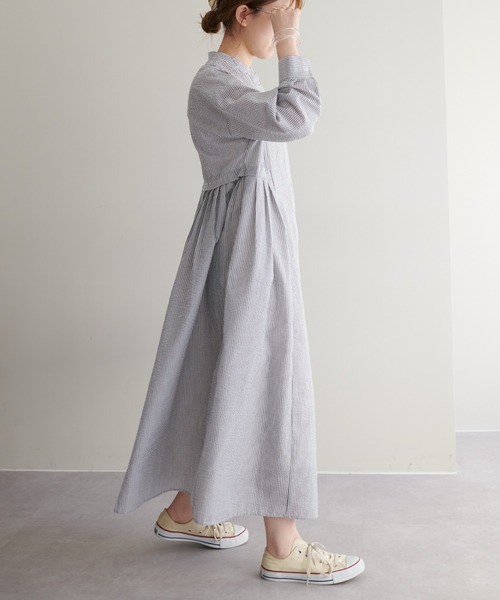 【WEB限定】ウエストタックストライプシャツワンピース
