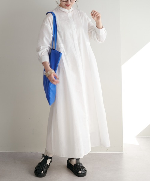 【WEB限定】ウエストタックストライプシャツワンピース