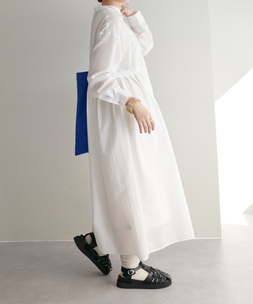 【WEB限定】ウエストタックストライプシャツワンピース